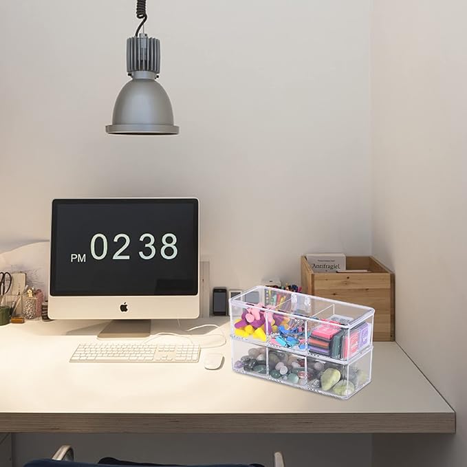 dedoot 3 Compartment Organizer 2 Layers,Plastic Drawer Clear Acrylic Vanity Desk Storage and Organizer, Bathroom Display Storage Container with Lid for Jewelry, Small Items 9.17x3.7X5.82 Inch-NeatNest