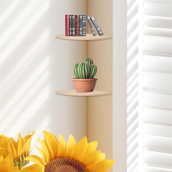 JJL Corner Wall Shelf, 12-Inch Sector Shelf, Set of 2 Wooden Hanging Shelves With Wire Hole for Bedroom Decoration, Light White-NeatNest