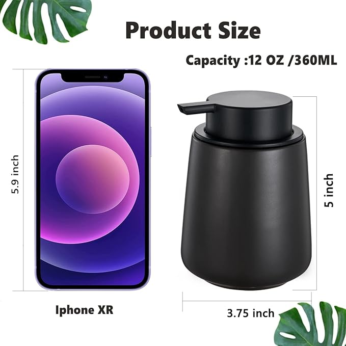 12Oz Black Soap Dispenser - Modern Ceramic Lotion Hand Soap Dispenser with Easy-to-Press Black Pump, Reusable and Refillable Liquid Dish Soap Dispenser for Bathroom & Kitchen-NeatNest