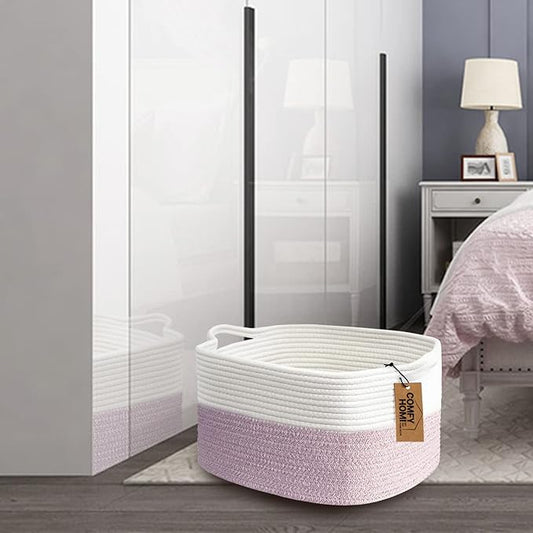 COMFY-HOMI Cotton Rope Woven Medium Basket with Handles for shelf,Cloth Storage Basket for Organizing-13.5X11X9.5 Storage Bin for Bedroom, Newborn or Infant Gift for boy girl (White/Pink)-NeatNest