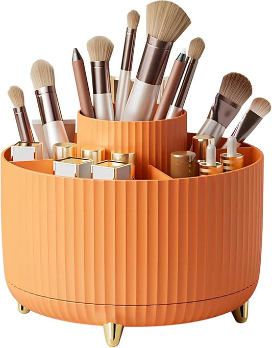 DASITON Large Capacity Makeup Brush Holder,360° Rotating Makeup Organizer,5 Slot Makeup Brushes Cup,for Vanity Decor,Bathroom Countertops,Desk Storage Container,Cosmetic Display cases(Orange)-NeatNest