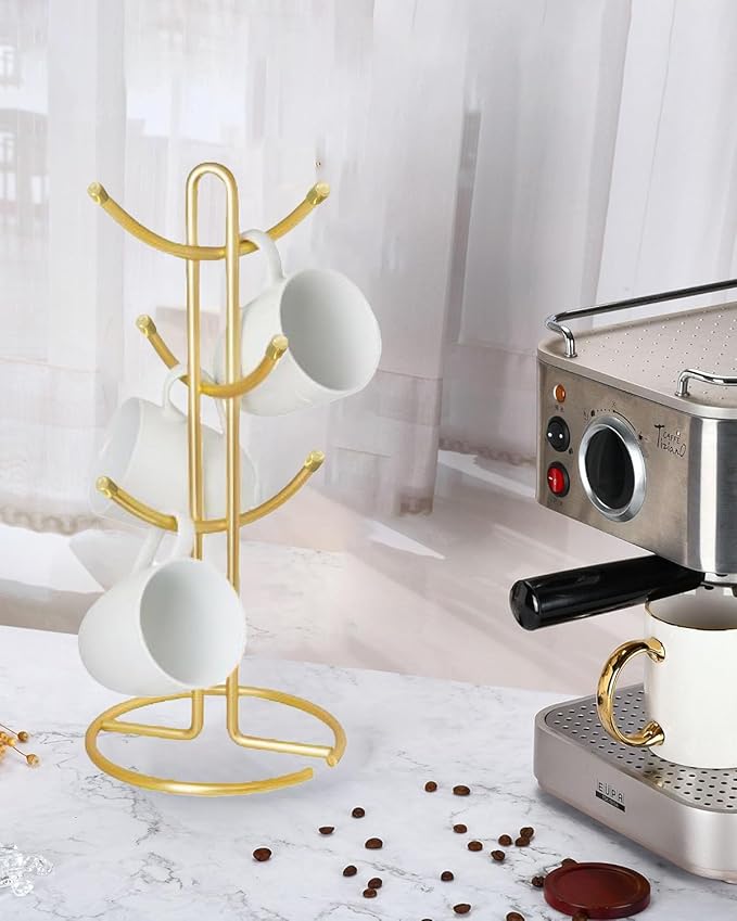 FitWell Mugs Holder, Mug Tree, Coffee Mug Holder, Coffee Mug Tree, Mug Organizer for Cabinet, Mug Holder Stand, Coffee & Tea Cup Storage Rack (Gold, 6 Mugs (15"H))-NeatNest