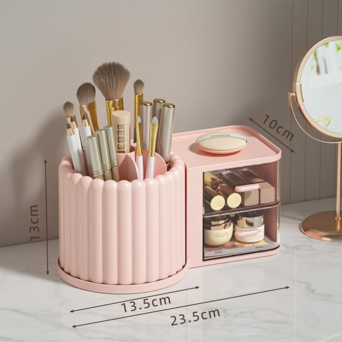 Makeup Organizer Countertop,360 Rotating Makeup Brush Holder With 2 Drawers,Small Preppy Organizer |9.25x5.11inch|Pink-NeatNest