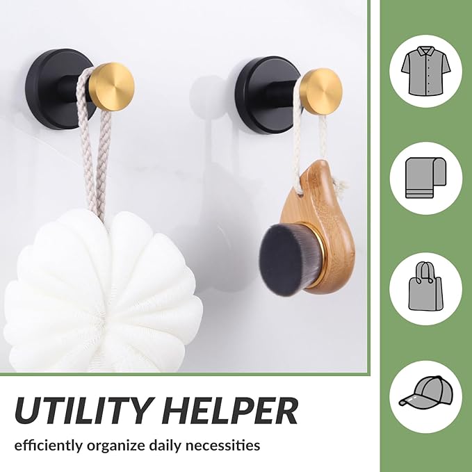 APLusee Bathroom Robe Towel Hook 2 Pack, Stainless Steel Round Clothes Holder, Toilet Bath Kitchen Door Wall Mounted Hanger, Black Gold