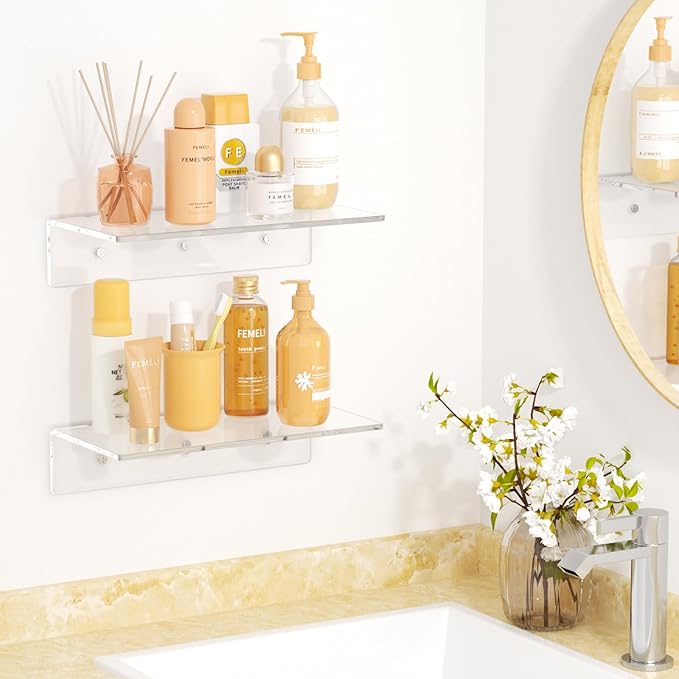 FEMELI 2 PCS 12" Acrylic Floating Shelves, Clear Shelf for Display, Plant, Perfume, Book in Bedroom Living Room Office, 5mm Thick Wall-Mounted Acrylic Shelves for Wall