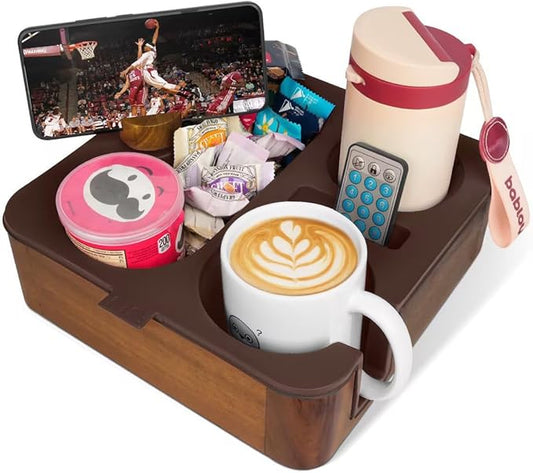 Couch Cup Holder Tray, Real Acacia Wooden Caddy with Soft Silicone, Snack and Drink Organizer- Perfect Movie Night Accessories for Bed, Remote and Cup Holders for Sofa (Coffee)-NeatNest