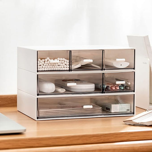 Desk Organizer-3 Tier Stackable Storage Drawers with 6 Compartments White Compact Desk Storage Drawers Great for Makeup Storage Bathroom Organization Accessories Etc (White)-NeatNest