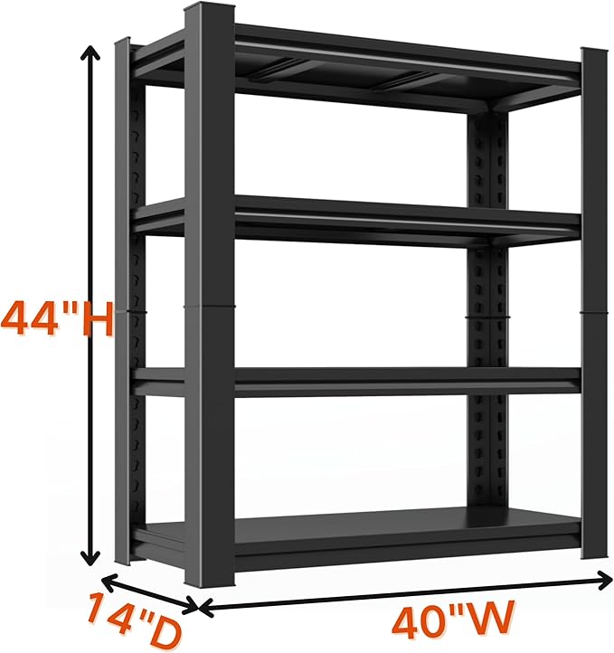Garage Shelving, Adjustable Storage Shelf, Heavy Duty Storage Shelves, Sturdy Steel Storage Shelf for Garage and Workshop, 4-Tier 44" H x 40" W x 14" D, Black-NeatNest
