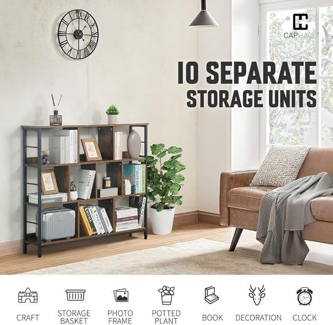 CAPHAUS 10 Cube Storage Organizer, 48” Wide 3 Tier Rustic Oak Industrial Open Shelf Bookcase, Display Shelf, Horizontal Bookshelf with Metal Frame, Wooden Board, for Living Room, Bedroom, Office-NeatNest