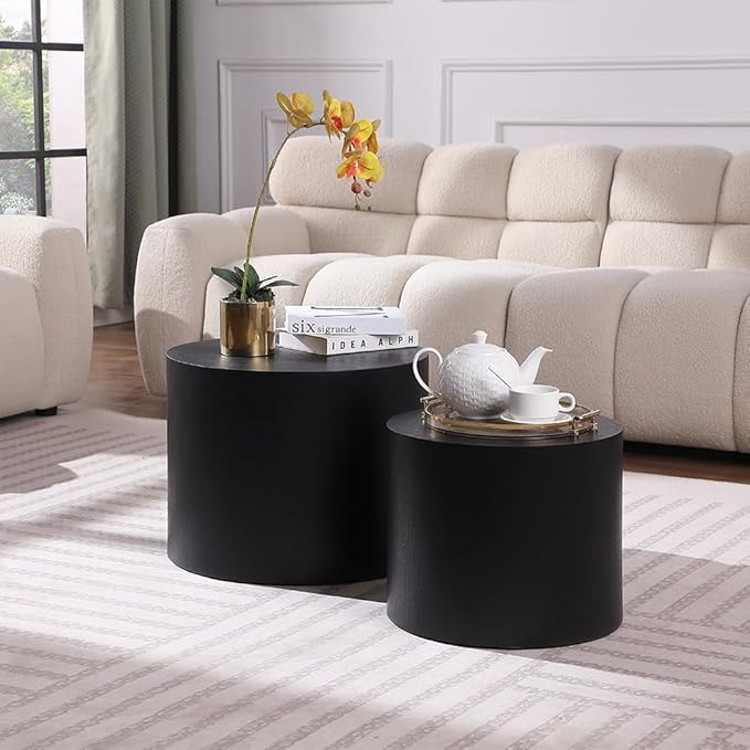 Nesting Coffee Table Set of 2, Round Side Tables Set, Wooden Accent Table, Modern End Tables, Minimalist Circle Table for Small Space Living Room Bedroom, Black