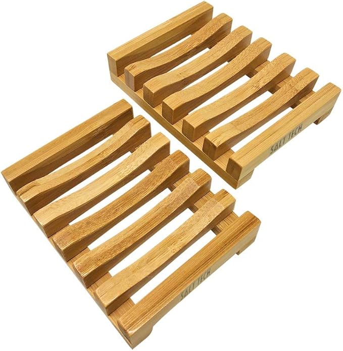 Bamboo Soap Dish, 2pc Rectangular, Light Brown, 3.4 x 4.5 inches, 0.14 pounds, Bathtub-NeatNest