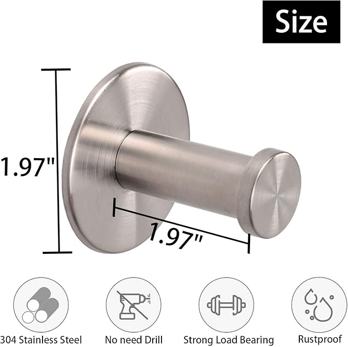 Bath Towel Hooks, 4 Pack Self Adhesive Coat Hooks, Sturdy No Drilling Robe Hook, SUS 304 Stainless Steel Heavy Duty, Wall Hooks for Bathroom Bedroom Kitchen (2 in, Brushed)