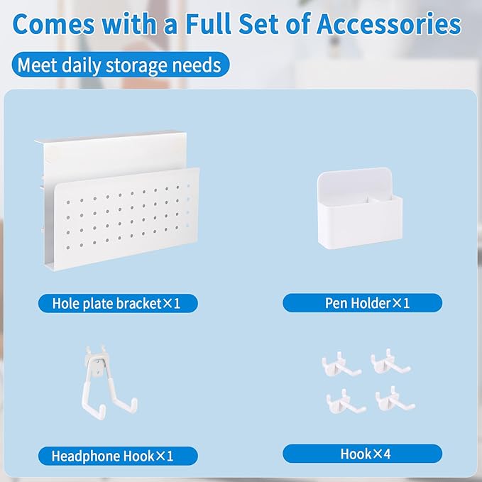 Desk Side Storage with Pen Holder & Hanging Hooks, No Drill Hanging Desk Organizer Under Desk Storage Mount, Clamp-On Laptop Holder Table Side Tray for Office and Home (White)-NeatNest