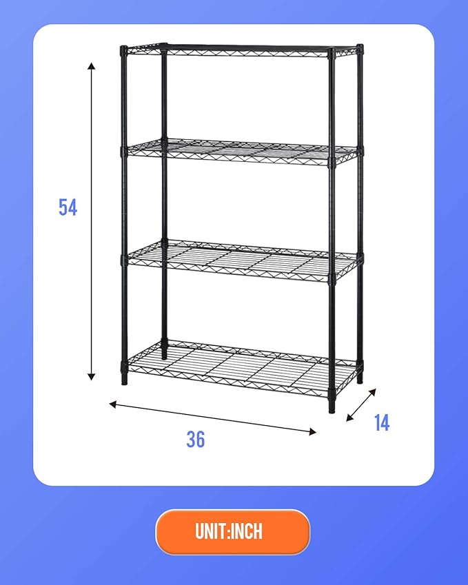 36" L×14" W×54" H Commercial Wire Shelving Unit Metal Shelf with 4 Tier Adjustable Layer Rack Strong Steel for Restaurant Garage Pantry Kitchen Garage,Black
