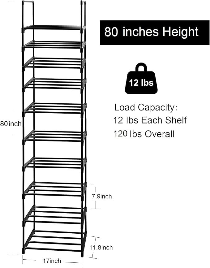 10 Tier Metal Sturdy Shoe Rack, 10 Tier Tall Shoe Storage Organizer, Narrow Tall Shelf Organizer for Entryway, Closet, Bedroom-NeatNest