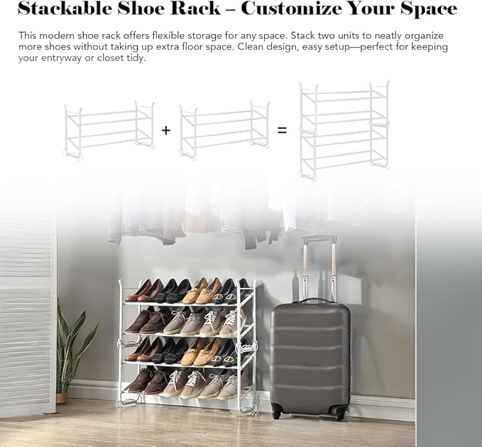 SunnyPoint Expandable & Stackable 2-Tier Shoe Rack – Adjustable Shoe Organizer for Entryway, Closet or Bedroom, Holds 4 to 8 Pairs, Space-Saving Metal Shoe Storage Shelf (17.5"–31.49" W) (WHT, 2 Tier)-NeatNest