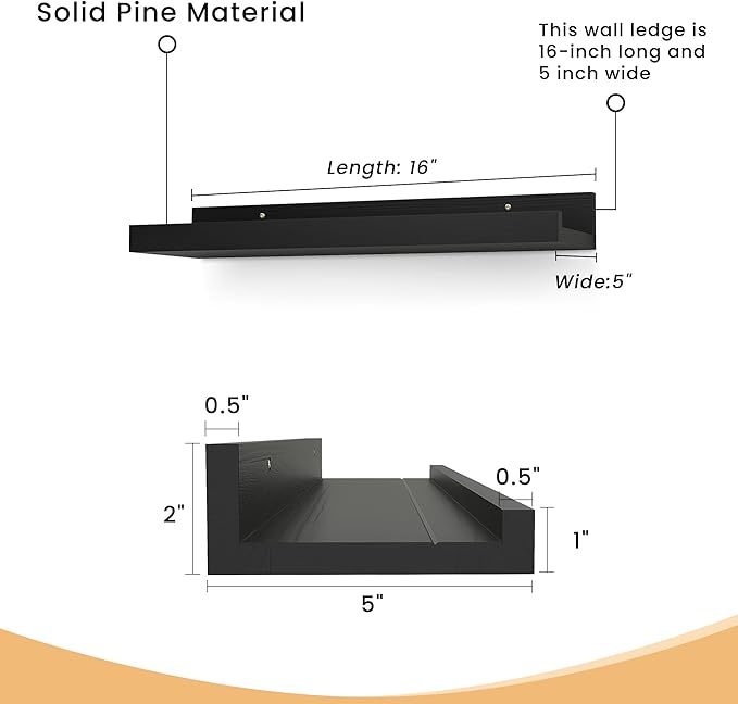 Floating Shelves for Wall, 16 inch Solid Wood Picture Ledge Shelf, Picture Shelf for Wall with Ledge, Floating Book Shelves for Living Room Bedroom Kitchen Nursery Decor, Black, Set of 2-NeatNest