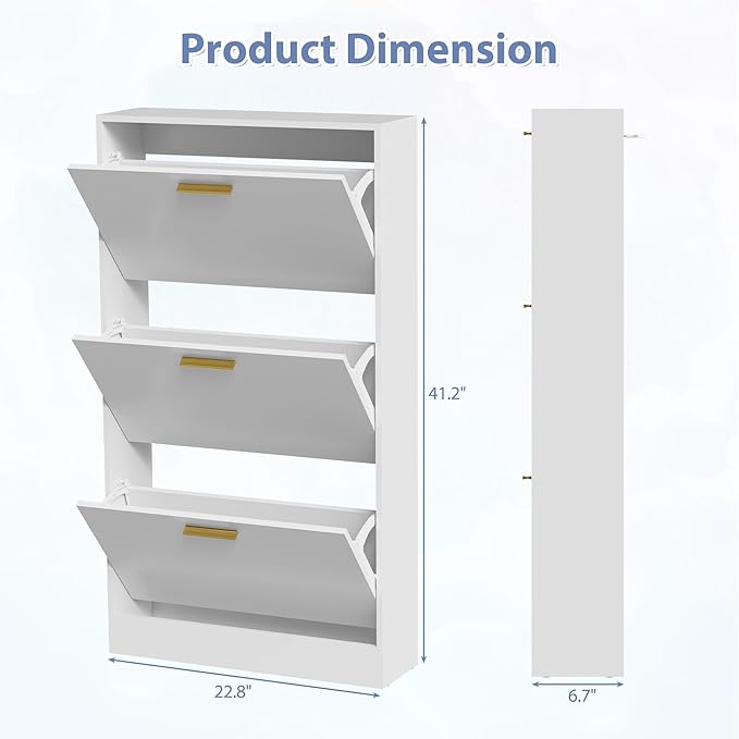 Shoe Cabinet Storage for Entryway, Shoe Cabinet with 3 Flip Drawers, White Modern Shoe Organizer Wood, Freestanding Small Thin Shoe Racks with Doors, White-NeatNest