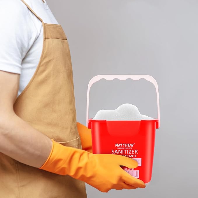 Matthew Detergent And Sanitizing Cleaning Bucket 3 Quart Plastic Pail,Set of 6 Square Containers,Built-In Spout w/Handle,Wash Rinse Sanitize Handwash Bucket for Home Office Commercial Restaurant (Red)