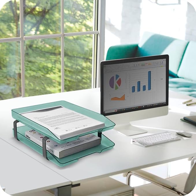 Acrimet Traditional 2 Tier Letter Tray, Front Load Design, A4 Letter Size, Desktop Organizer (Plastic) (Clear Green Color)-NeatNest