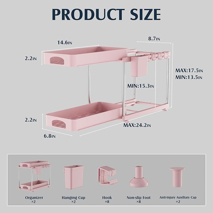 Under Sink Organizer, 2 Pack Kitchen and Bathroom Cabinet Organizer, 2 Tier Adjustable Height Storage, Pink-NeatNest