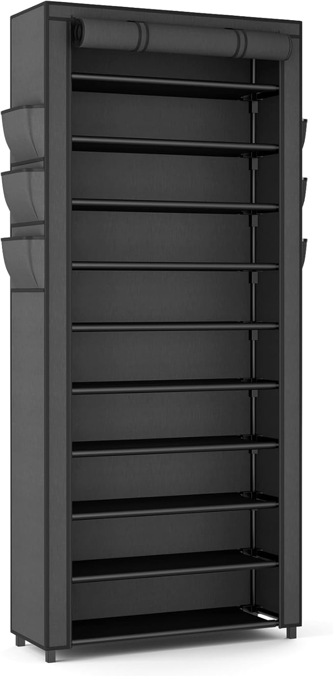VTRIN Vertical Narrow Shoe Rack Organizer Tall Shoe Rack for Closet Entryway 10 Tier Non-Woven Cover Shoe Shelf Holds 36-41 Pairs Free Standing Shoe Storage Cabinet with Dustproof Cover, Black-NeatNest