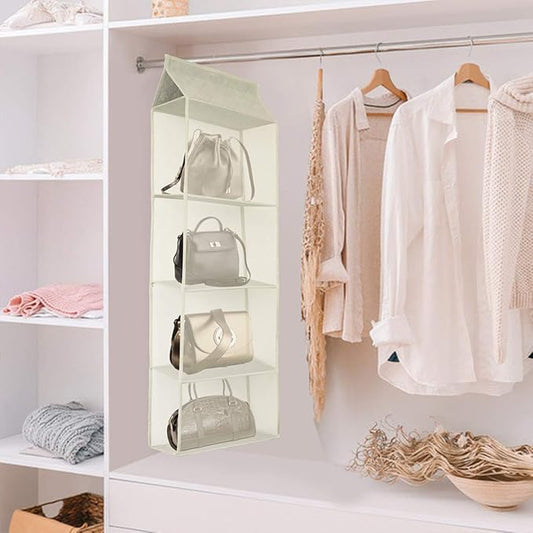 Closet Handbag Purse Holder, Space Saving Hanging Handbag Storage Tote Bag Organizer Holder with 4 Large Heavy-Duty Mesh Shelves for Wardrobe Closet(Pack of 2 Beige)-NeatNest