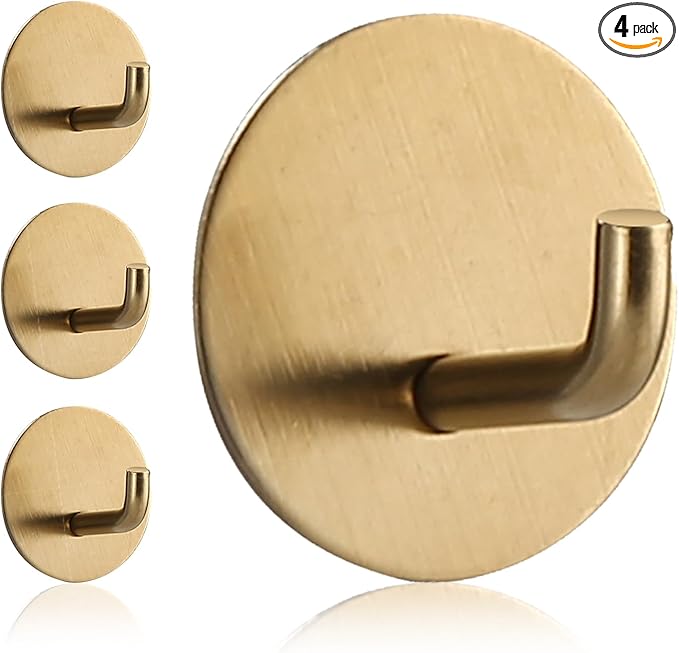 Adhesive Hooks Heavy Duty Waterproof in Shower Hooks for Hanging Loofah, Towels, Clothes, Robes for Bathroom Removable Adhesive Wall Hooks Door Hook Stainless Steel Stick on Hooks 4 Pcs (Gold)