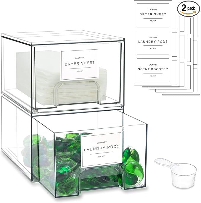 2 Pack Laundry Room Organization Storage Drawers with Labels, Clear Stackable Dryer Sheet Holder and Pod Containers, Detergent Dispenser for Laundry Room Organizing and Decor