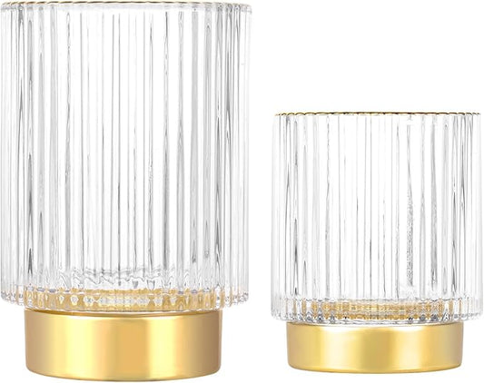 DASITON Makeup Brush holder Organizer,Crystal Cosmetic Makeup Brush Glass Brushes Storage Holder, Vintage Make Up Brush Cup Pen Pencil Holder striped vase(Clear S+L)-NeatNest