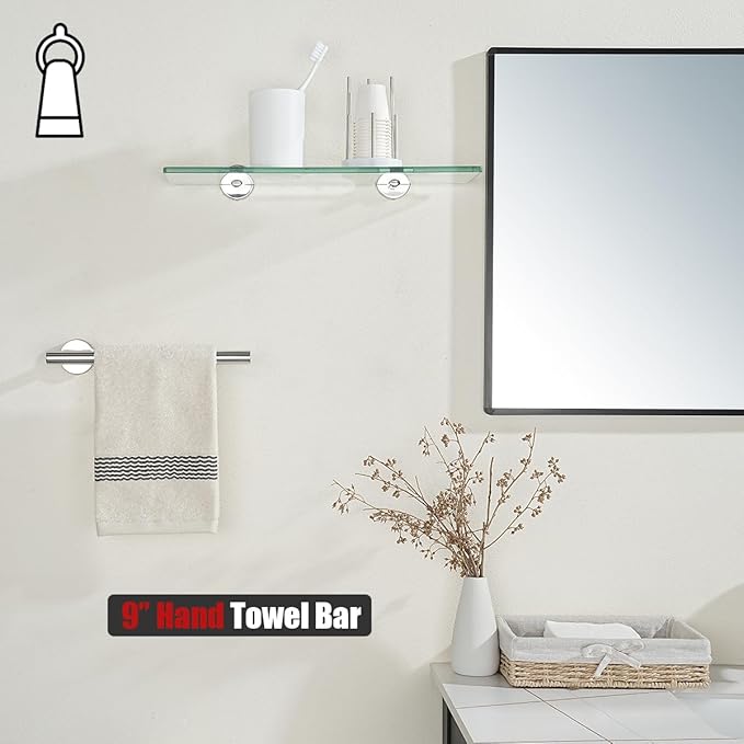 JQK Hand Towel Holder Towel Ring Chrome, 10 Inch Thicken 0.8mm 304 Stainless Steel Bathroom Hand Towel Bar, 9 Inch Useable Length Wall Mount Towel Rack Hanger, Polished Steel, THH110L9-CH