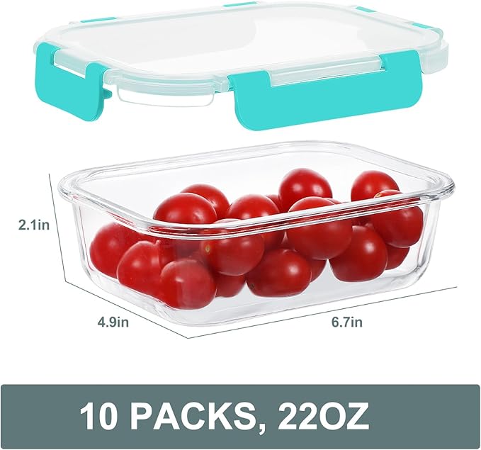 10 Packs 22 oz Glass Meal Prep Containers, Glass Food Storage Containers with Lids, Airtight Lunch Boxes BPA Free, Microwave and Freezer Safe, Green