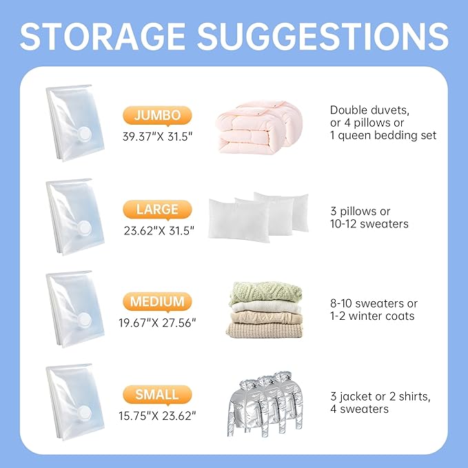 12 Pack Vacuum Storage Bags with Hand Pump, (3 Small, 3 Medium, 3 Large, 3 Jumbo) Vacuum Seal Bags for Clothing, Space Saver Bags for Travel, Luggage Compression Packing