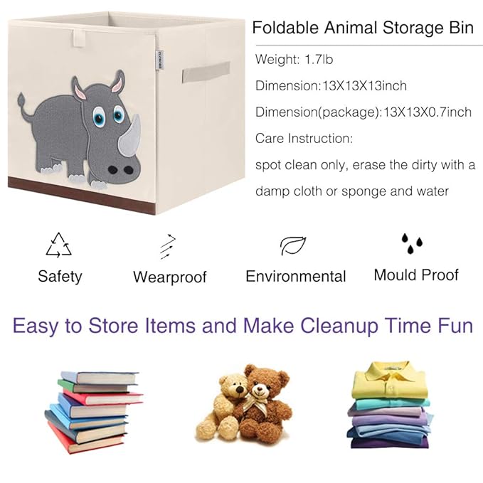 CLCROBD Foldable Animal Cube Storage Bins Fabric Toy Box/Chest/Organizer for Kids Nursery, 13 inch (Rhino)-NeatNest