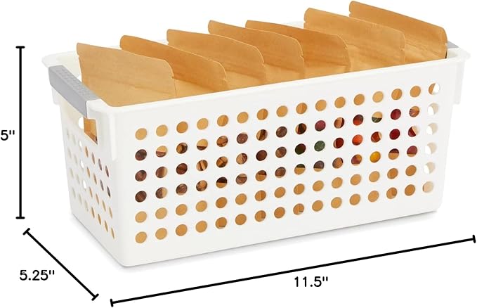 Farmlyn Creek Storage Baskets for Shelves - 4-Pack White Plastic Baskets w/ Gray Handles, 11.5 x 5.25 x 5 in - Narrow Shelf Bins & Closet Storage Bins for Bathroom, Nursery