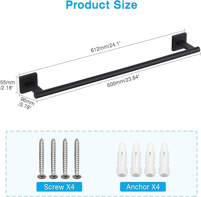 Towel Bar for Bathroom, 24 Inch Towel Rack Wall Mounted, SUS304 Stainless Steel Heavy Duty Towel Holder for Bathroom Laundry Room Hotel Modern Home Decor