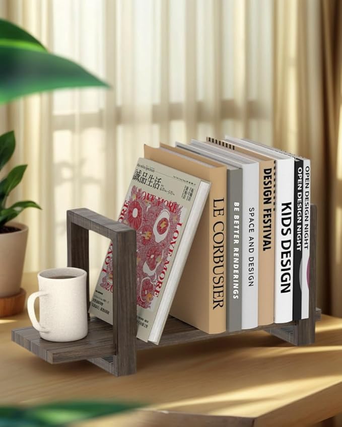 Adjustable Desktop Bookshelf, Retro Tabletop Bookshelf, Desk Shelf for Top of Desk in Living Room, Home, Office, Perfect for Magazine, Books, Cookbooks, No Tools Required to Assemble, Dark Brown-NeatNest