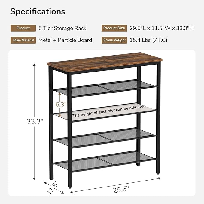 Shoe Rack, 5-Tier Shoe Storage Organizer with 4 Metal Mesh Shelves for 15-20 Pairs, Free Standing Shoe Racks, for Entryway, Hallway, Closet, Dorm Room, Industrial, Rustic Brown-NeatNest