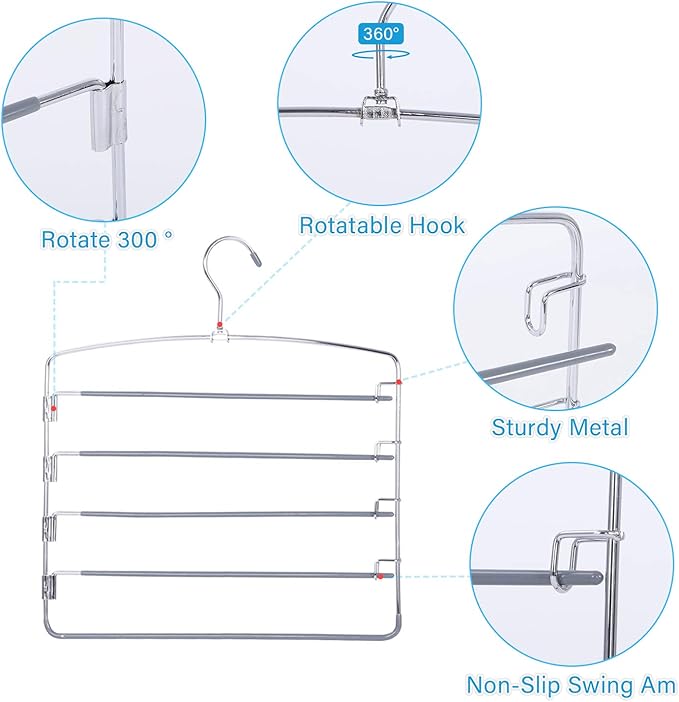FeeraHozer Pants Hangers Space Saving 3 Pack No Slip 5 Layers Multi Functional Pants Rack Stainless Steel Swing Arm Space Saver Hanger for Trousers Jeans Towels Scarf (Grey)-NeatNest