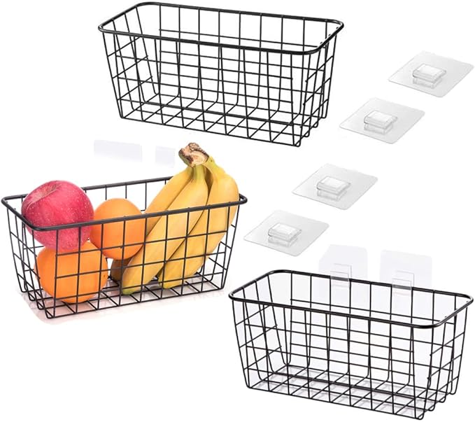 3 Set LeleCAT Adhesive Over the Cabinet Door Wire Baskets for Organizing for Kitchen Food Pantry Bathroom Shelf Storage No Drilling Wall Mounted,Black-NeatNest