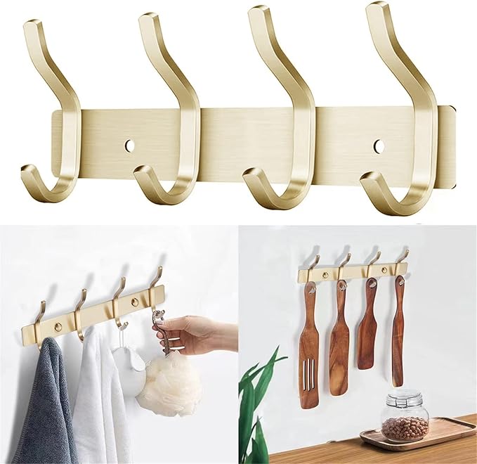 AZW Coat Rack Wall Mount,Heavy Duty Stainless Steel Metal Coat Hooks Hanging for Robes Bags Keys Hat Clothes and Bathroom Door Towels Hanger(Brusshed Brass Gold 4 Hooks)-NeatNest