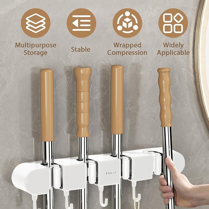 2Pcs Mop Holder with Hooks Wall Mounted Mop and Broom Holder Punch Free Broom Organizer Space Saving Broom Hanger Mop Clip Holder Hanging Mop and Broom Storage for Bathrooms Home,White (2)