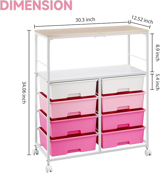 8 Drawers Rolling Storage Cart with Wooden Top, Multipurpose Utility Cart with Opening Shelf & Lockable Wheels, Storage Drawer Cart Organizer for Home Office Craft Room Classroom, Pink