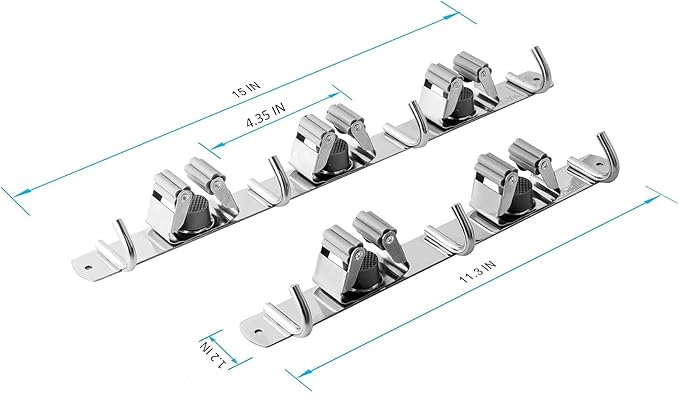 2 Pcs Mop Broom Holder Wall Mounted, Dustpan Holders, Stainless Steel Mop Hangers Organizer, Broom Rack, Utility Hook for Hanging Brooms and Mops(3 Racks 4 Hooks and 2 Racks 3 Hooks)-NeatNest