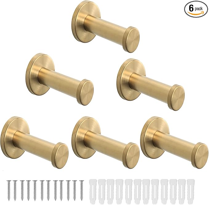 Bath Towel Hooks, 6 Pack Round Coat Hooks, Sturdy Wall Mounted Robe Hook, SUS 304 Stainless Steel Heavy Duty Clothes Hanger, Wall Towel Hooks for Bathroom Bedroom Kitchen (3 in, Gold)