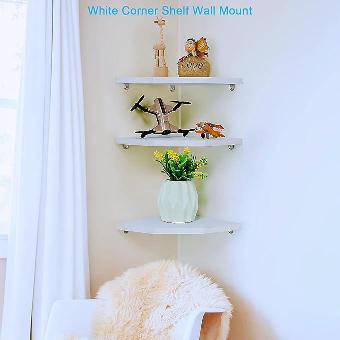 Corner Wall Shelves, Wood Corner Floating Shelves with Cable Raceway, Wall Mount Storage Display for TV Accessories, Monitor, Speaker, Cable Box, Game Console (White, Diamond- 10 Inch)-NeatNest