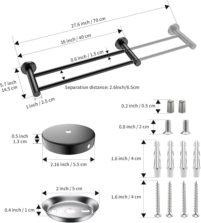 Adjustable Double Bath Towel Bar 16 to 27.6 Inch,ZUEXT Oil Rubbed Black Stainless Steel Towel Holder Hanger, Expandable Wall Mounted Towel Rail for Bathroom Kitchen, 1" Tube Towel Rail Racks w/Hooks