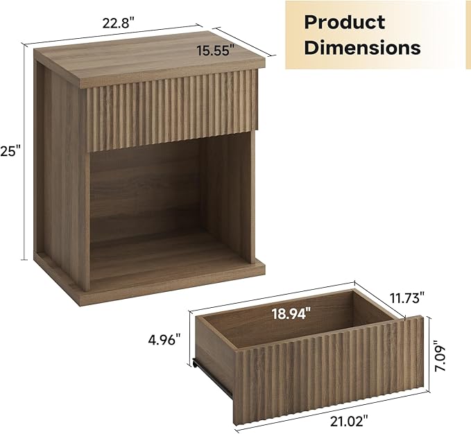 Fluted Nightstand, 22.8" Wide Nightstands with Drawer Storage Large Wood BedsideTable Night Stand for Bedroom, Natural Oak