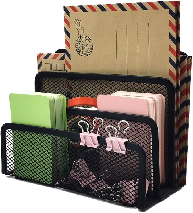 EASEPRES Desk Mail Organizer, Office Small Desktop Metal Mesh Envelope Letter Sorter Paper File Holder Organizer with 3 Vertical Upright Compartments, Black 1 Pack