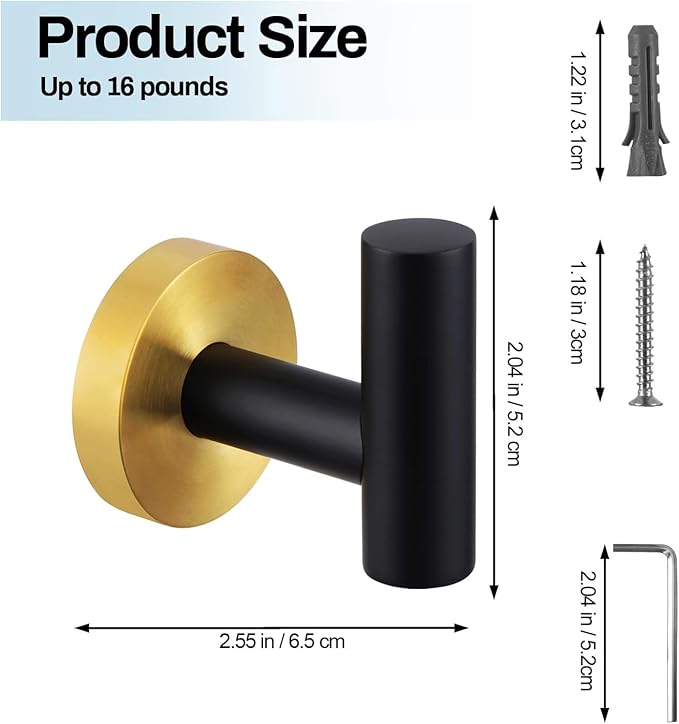 Kruodop Towel Hooks for Bathroom,2 Packs Wall Mount Towel Holder,Blak Gold Matte Wall Robe Hook,Stainless Steel Heavy Duty Door Hanger Towel Hook for Kitchen, Bedroom,Hotel,Pool,Coats